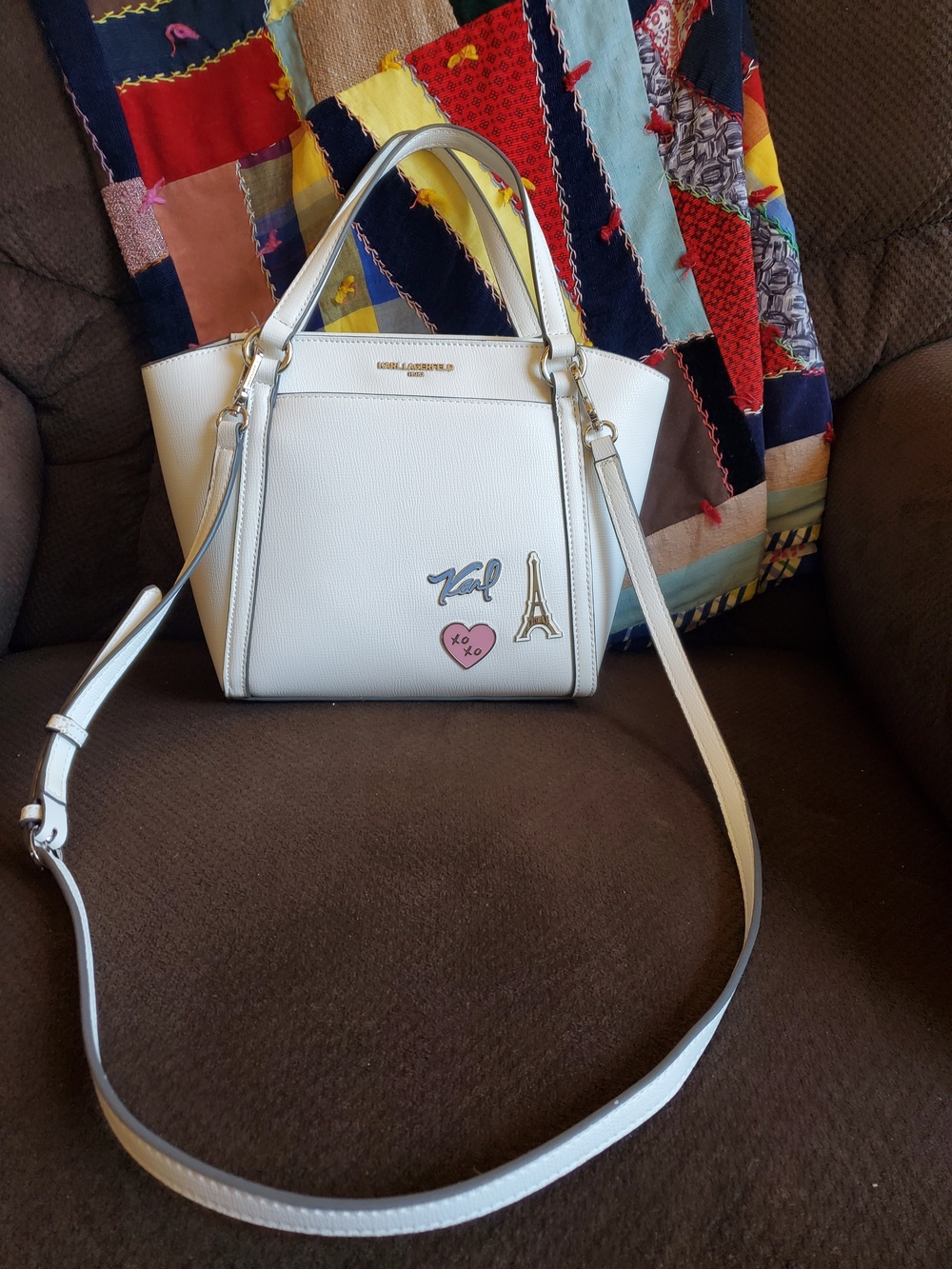Karl Lagerfeld White Leather Satchel with Paris Patch Accents